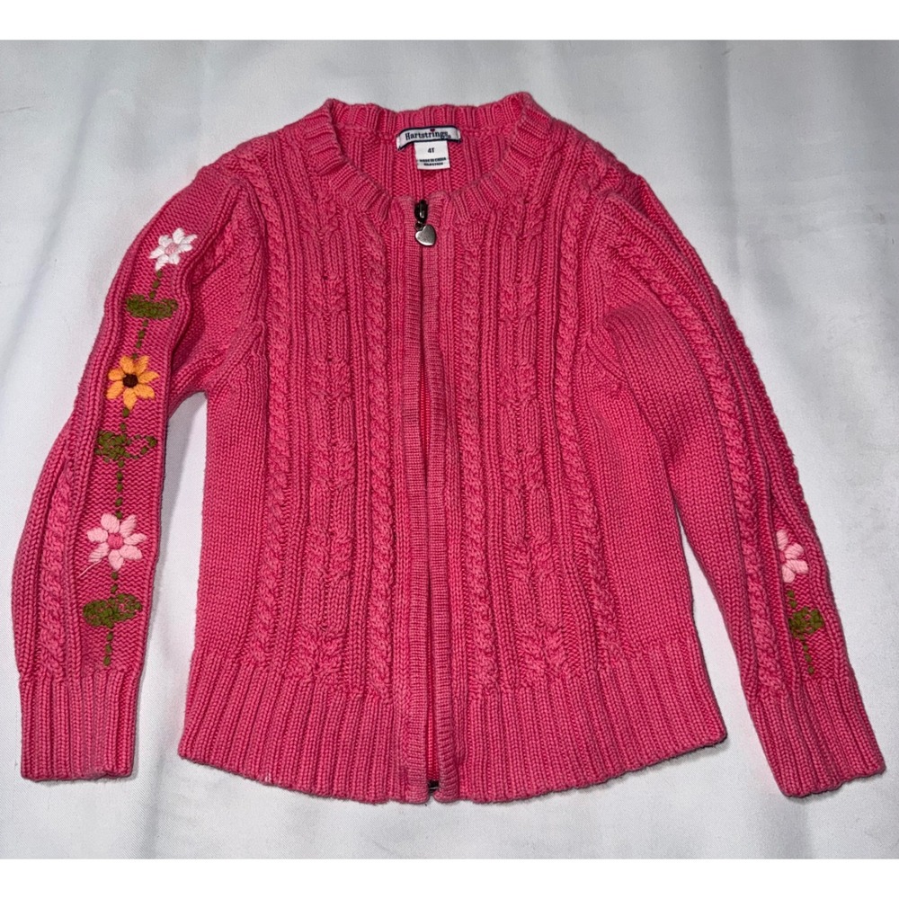 Hartstringsβ Girls Pink Cable Knit Full Zip Cardigan Floral Embroidery Heart 4T